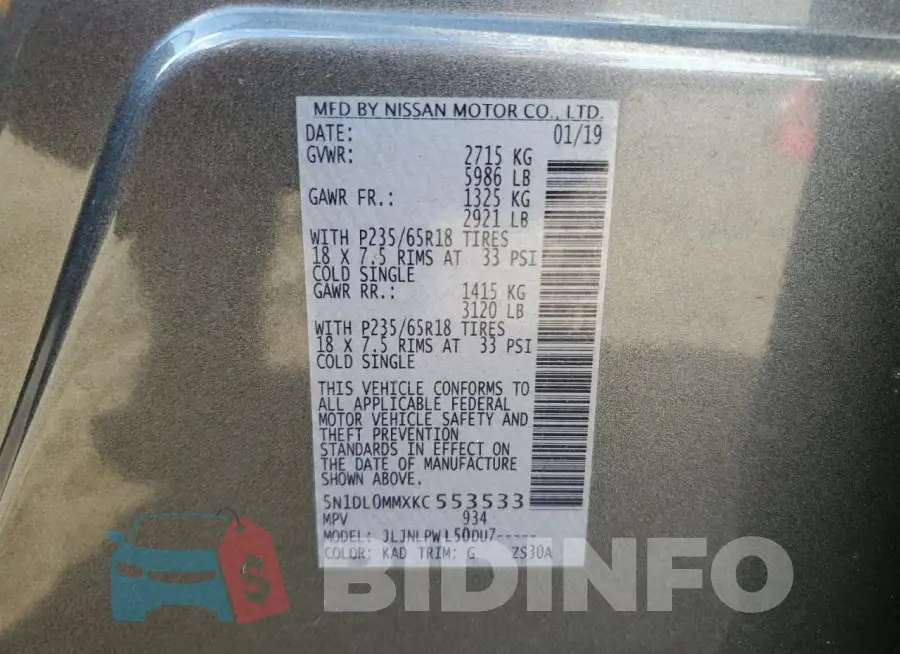 5N1DL0MMXKC553533 Photo# 13