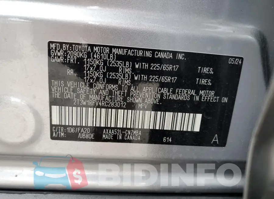 2T3W1RFV4RC283012 Photo# 14