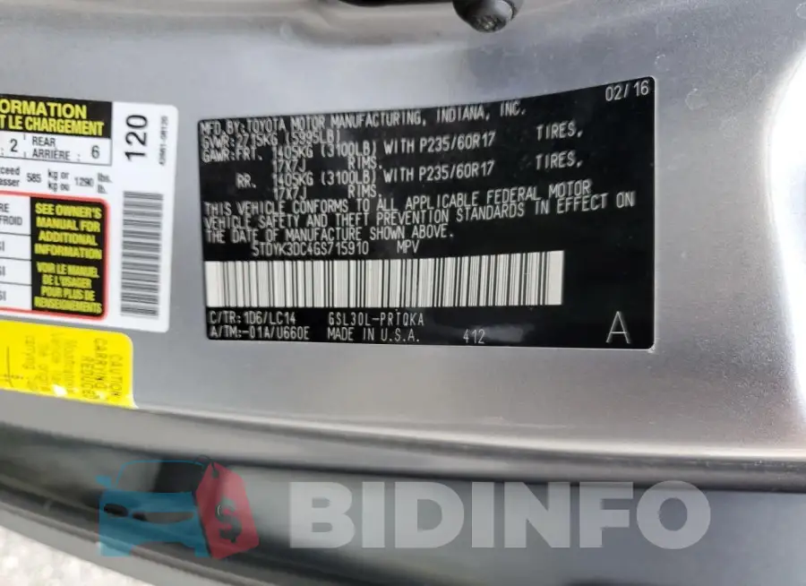 5TDYK3DC4GS715910 Photo# 14