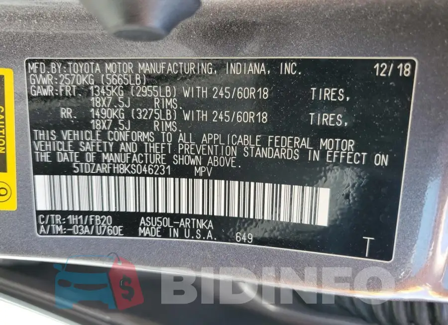5TDZARFH8KS046231 Photo# 13