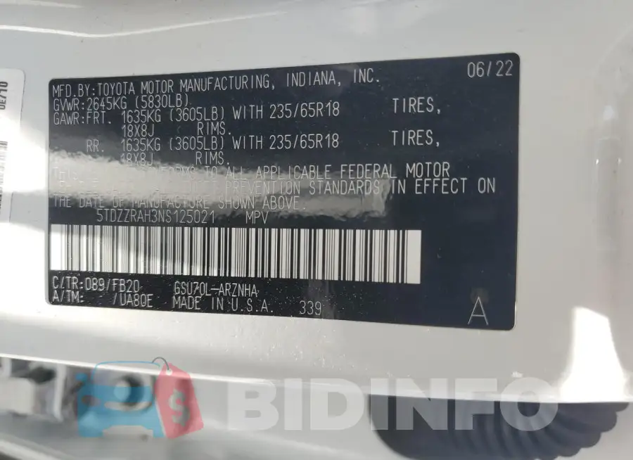 5TDZZRAH3NS125021 Photo# 14