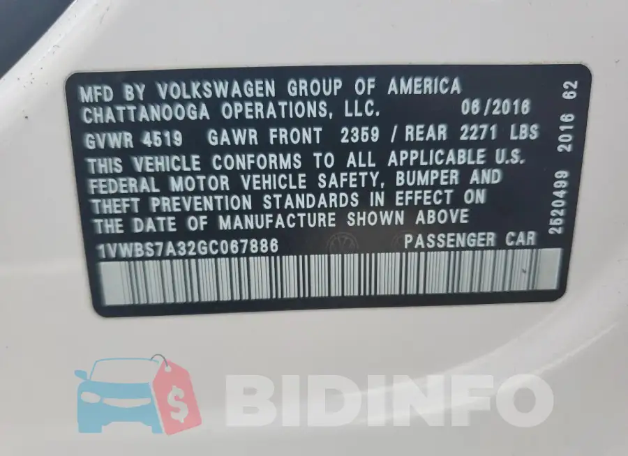 1VWBS7A32GC067886 Photo# 12