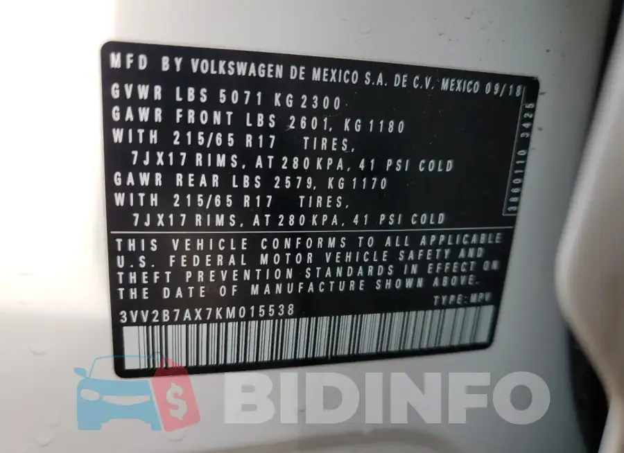 3VV2B7AX7KM015538 Photo# 13