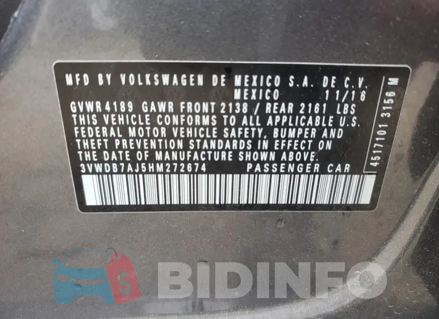 3VWDB7AJ5HM272674 Photo# 12