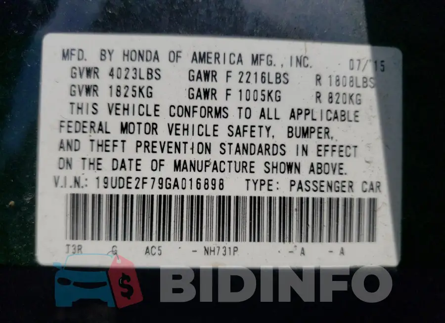 19UDE2F79GA016898 Photo# 13