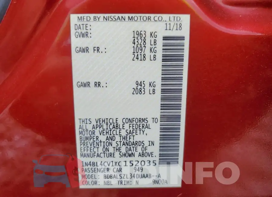 1N4BL4CV1KC152035 Photo# 12