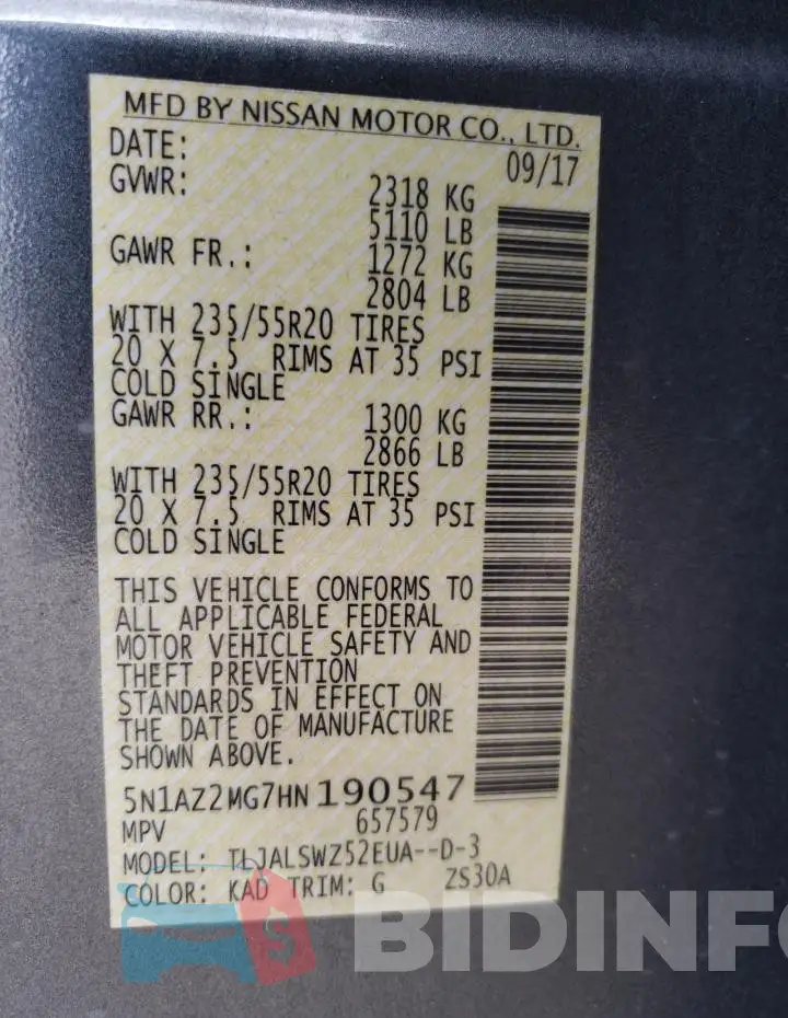 5N1AZ2MG7HN190547 Photo# 14