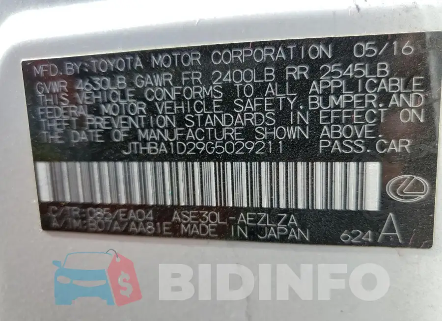 JTHBA1D29G5029211 Photo# 12