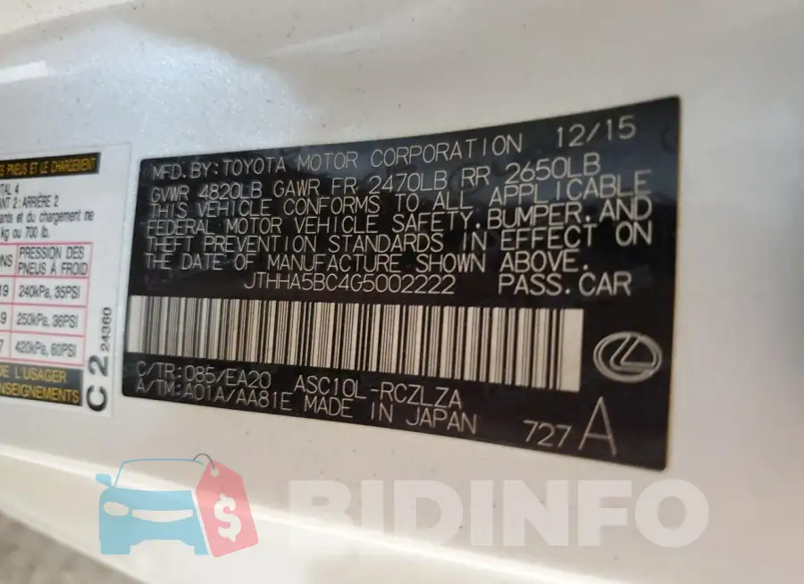 JTHHA5BC4G5002222 Photo# 12