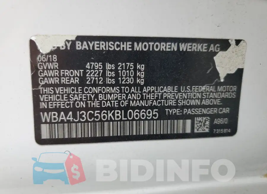 WBA4J3C56KBL06695 Photo# 12