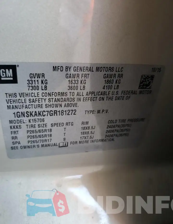 1GNSKAKC7GR181272 Photo# 13