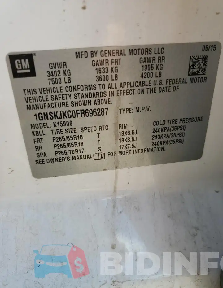 1GNSKJKC0FR696287 Photo# 13