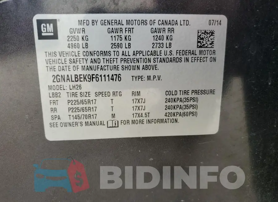 2GNALBEK9F6111476 Photo# 13