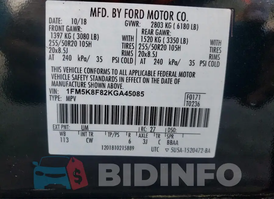 1FM5K8F82KGA45085 Photo# 13