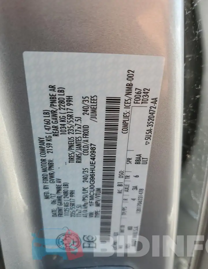 1FMCU0G96HUE40987 Photo# 14