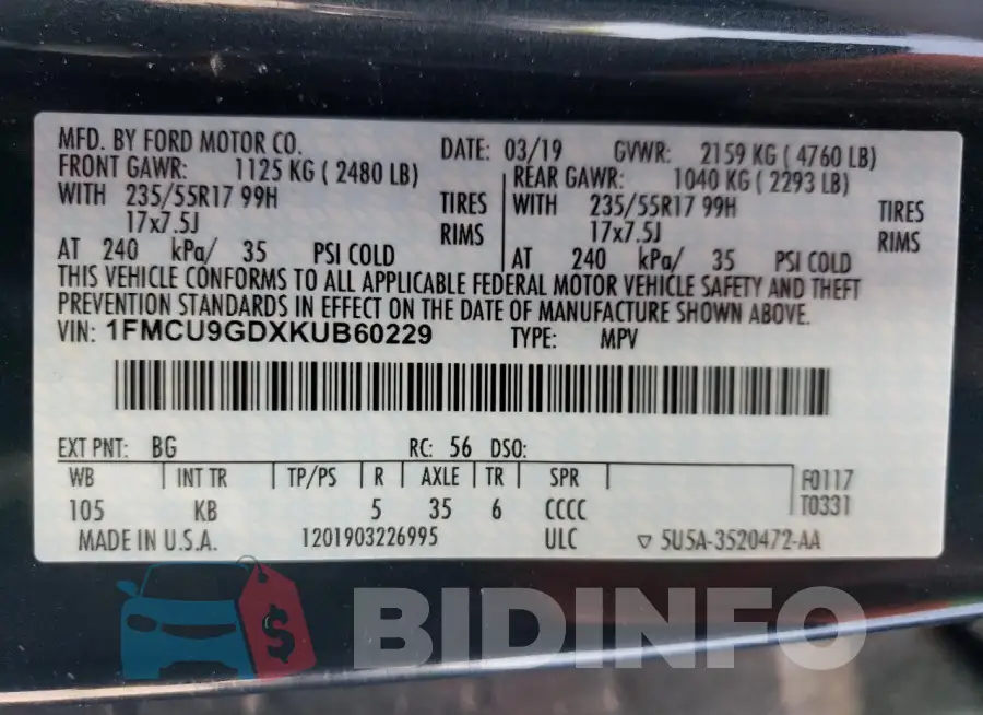 1FMCU9GDXKUB60229 Photo# 14