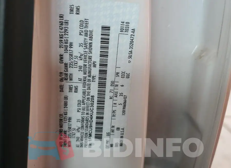 1FMCU9HD4KUC30208 Photo# 12