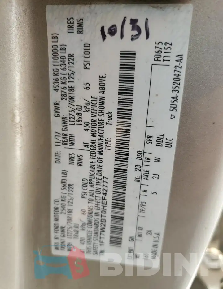 1FT7W2BT0HEF42777 Photo# 12