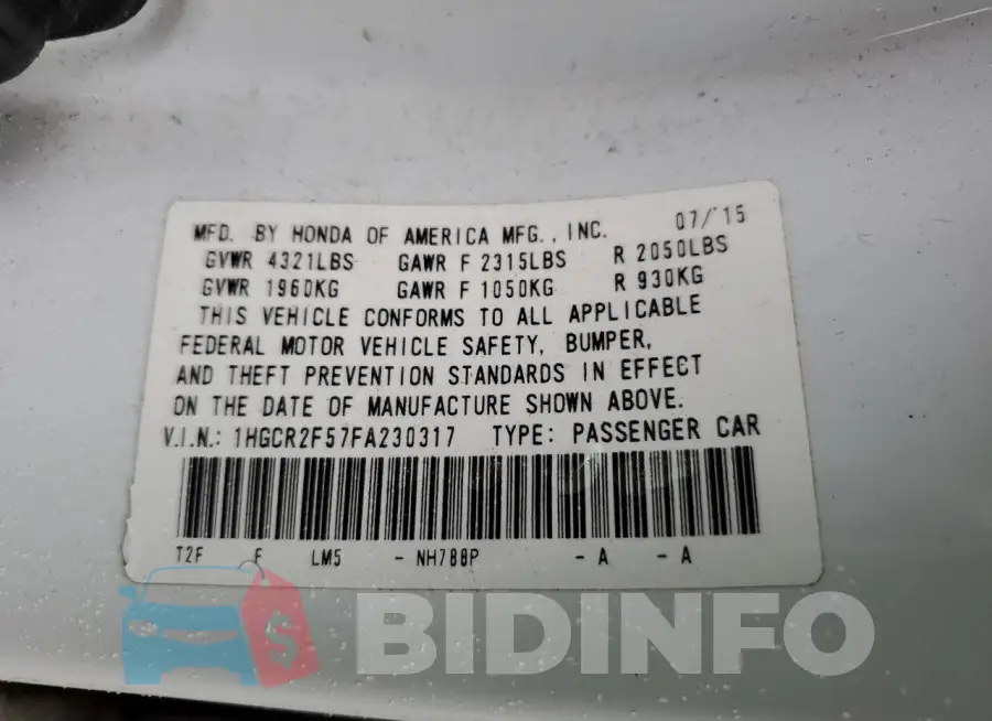 1HGCR2F57FA230317 Photo# 12