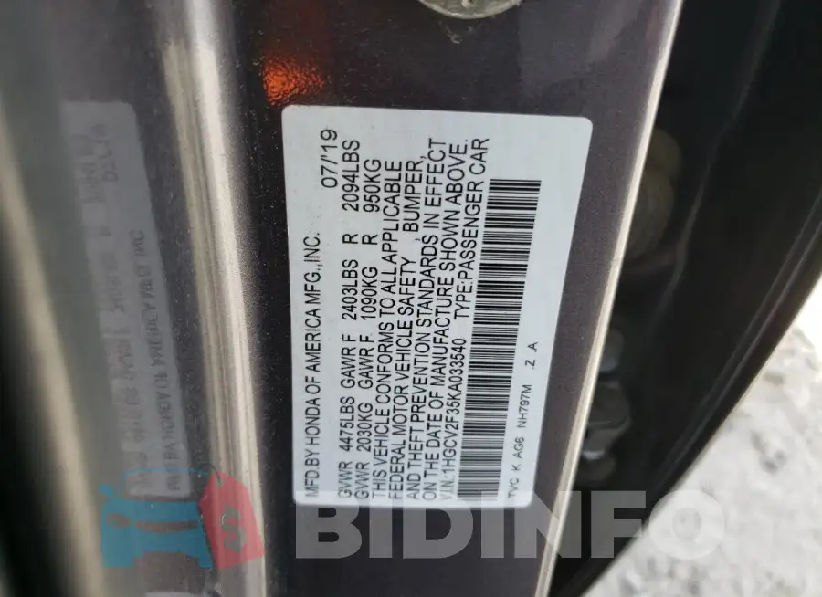 1HGCV2F35KA033540 Photo# 12