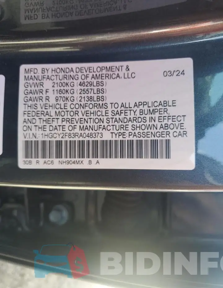 1HGCY2F83RA048373 Photo# 12