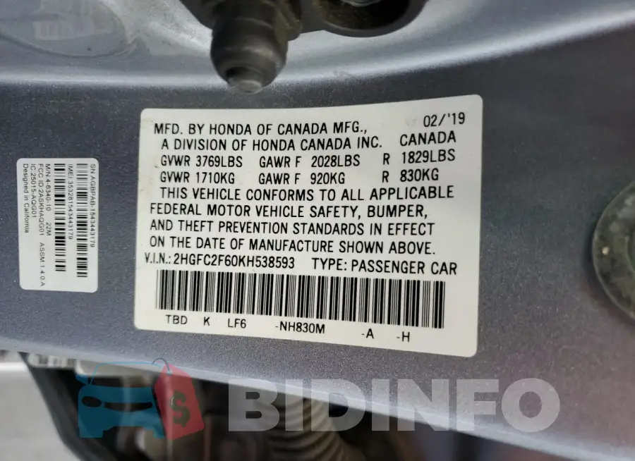 2HGFC2F60KH538593 Photo# 13