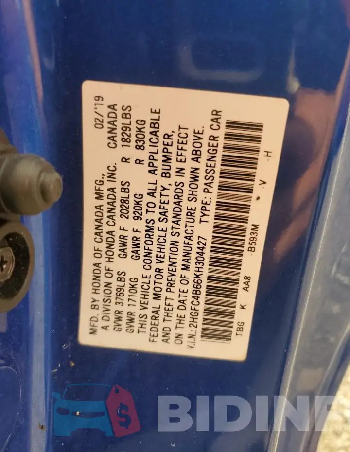 2HGFC4B66KH304427 Photo# 12