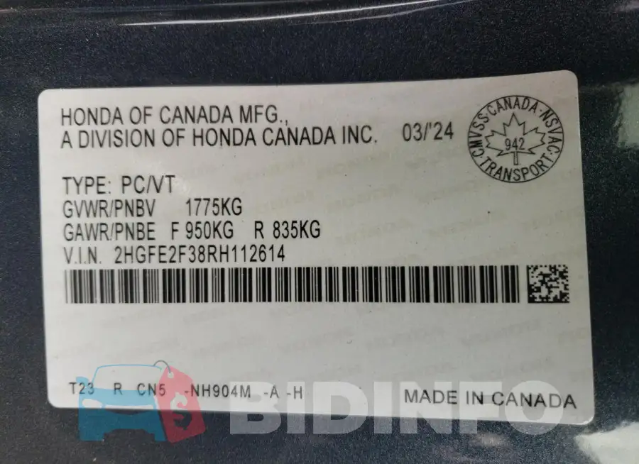 2HGFE2F38RH112614 Photo# 12