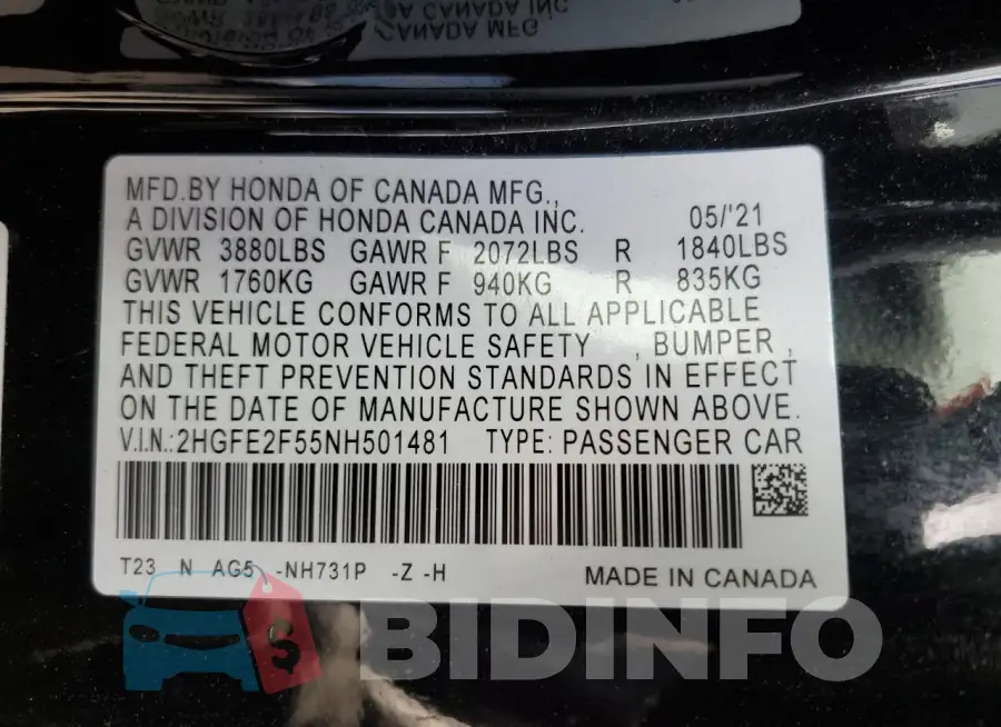 2HGFE2F55NH501481 Photo# 12