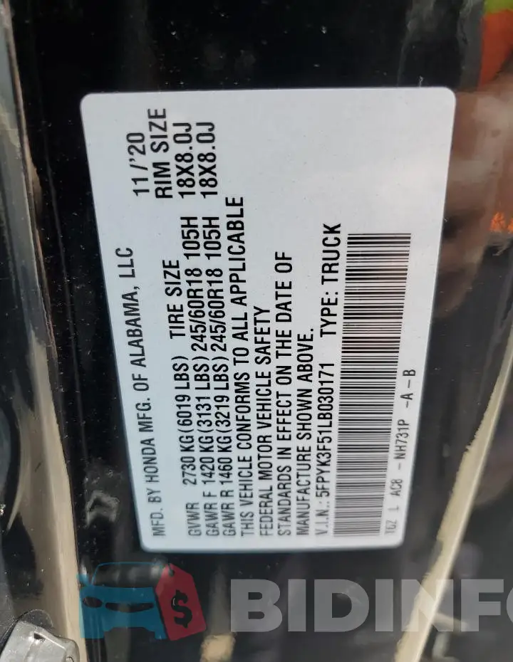 5FPYK3F51LB030171 Photo# 14