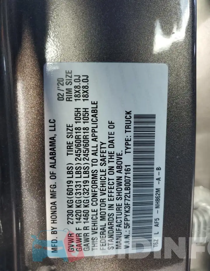 5FPYK3F72LB007161 Photo# 12