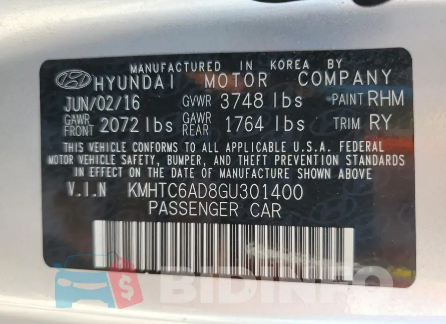 KMHTC6AD8GU301400 Photo# 12