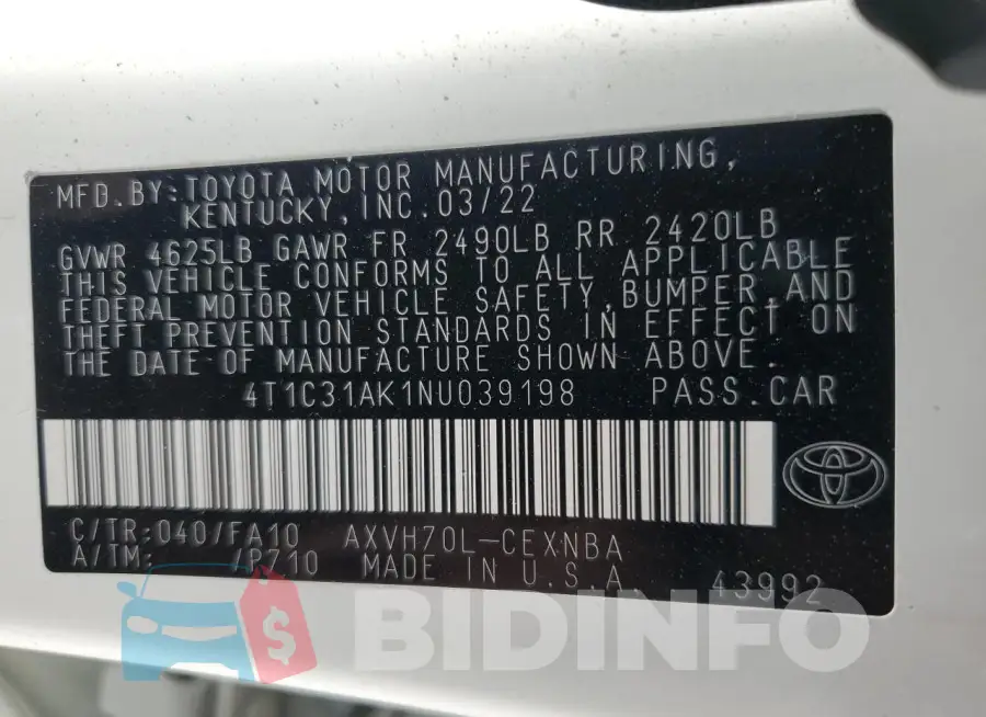 4T1C31AK1NU039198 Photo# 13