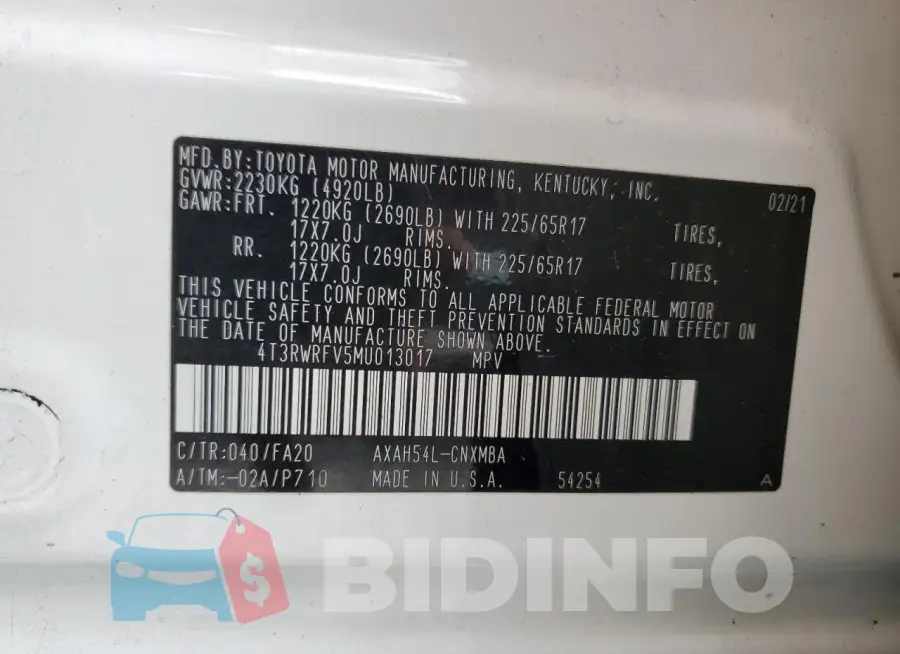4T3RWRFV5MU013017 Photo# 13