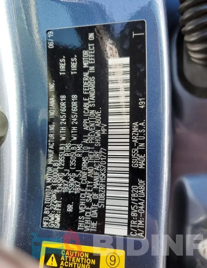 5TDBZRFH5KS701777 Photo# 12