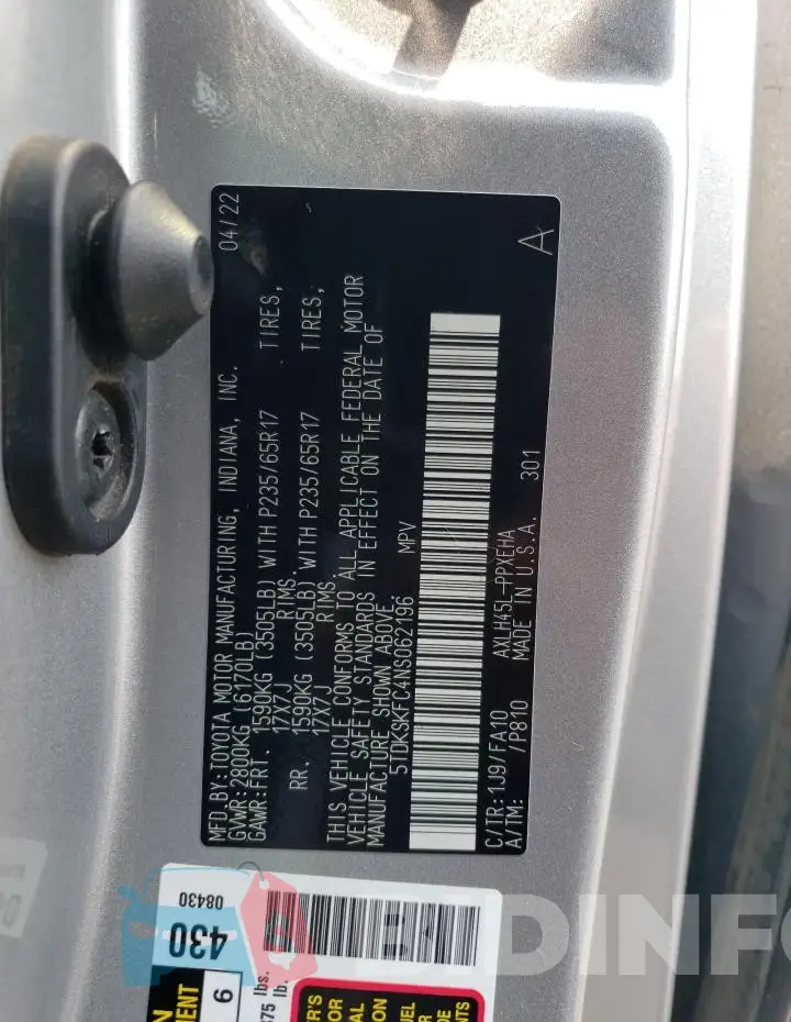 5TDKSKFC4NS062196 Photo# 12