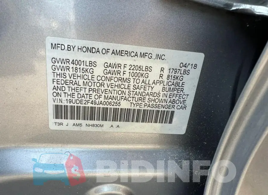 19UDE2F49JA006255 Photo# 10