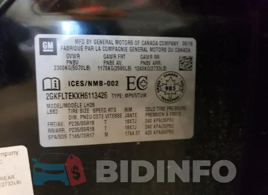 2GKFLTEKXH6113426 Photo# 13