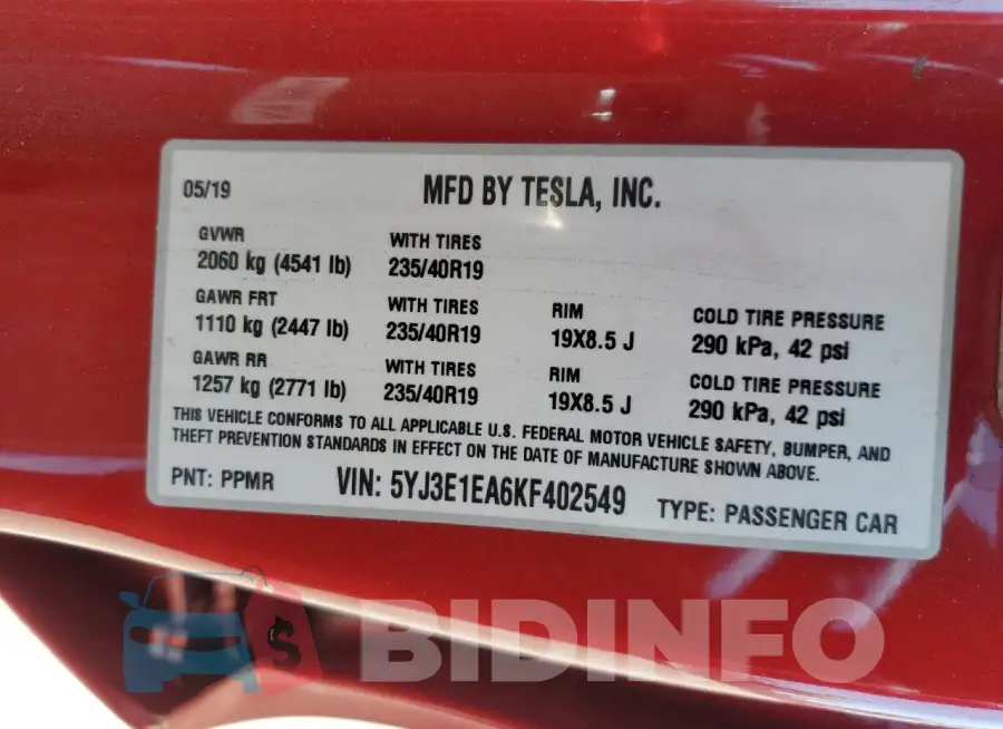 5YJ3E1EA6KF402549 Photo# 12