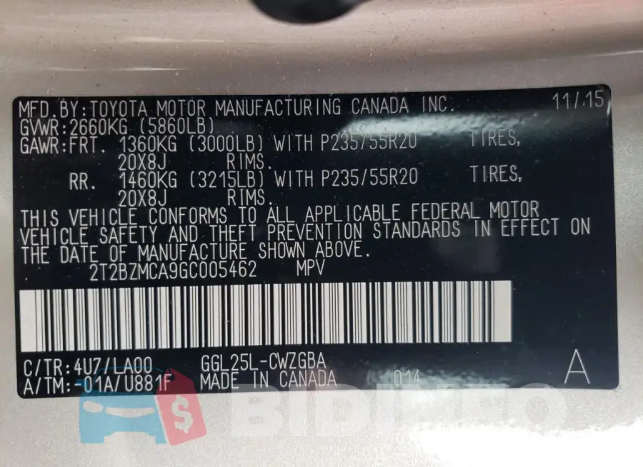 2T2BZMCA9GC005462 Photo# 13