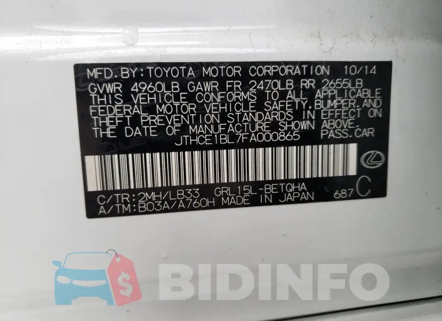 JTHCE1BL7FA000865 Photo# 12