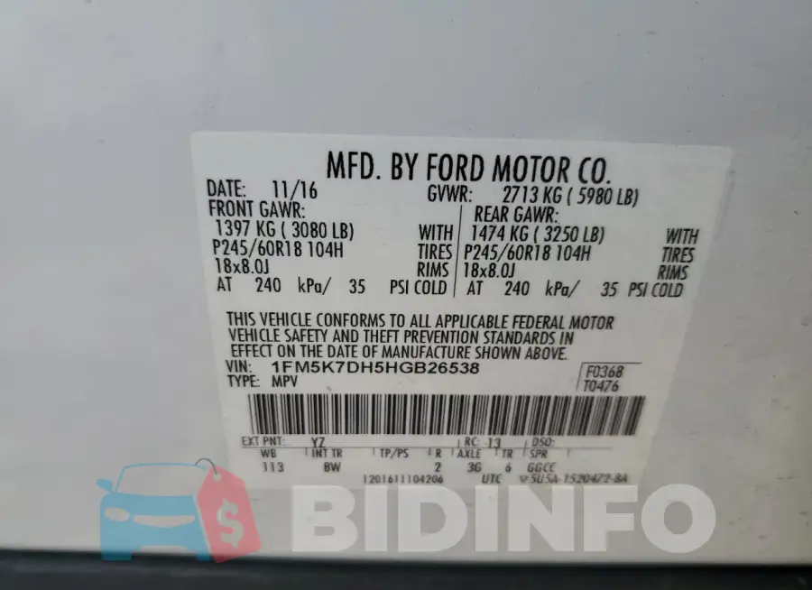 1FM5K7DH5HGB26538 Photo# 13
