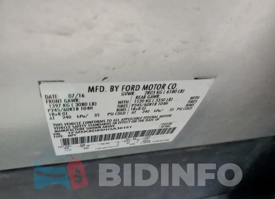 1FM5K8D85HGA36151 Photo# 13