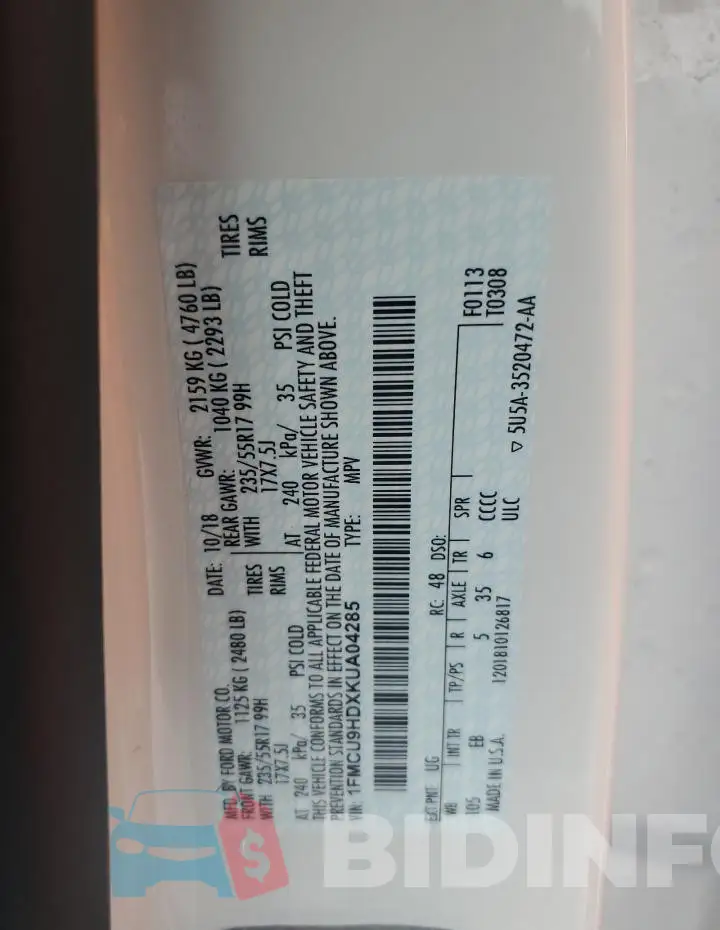 1FMCU9HDXKUA04285 Photo# 13