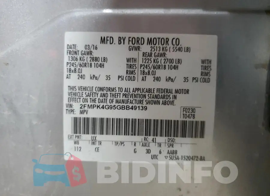 2FMPK4G95GBB49139 Photo# 13