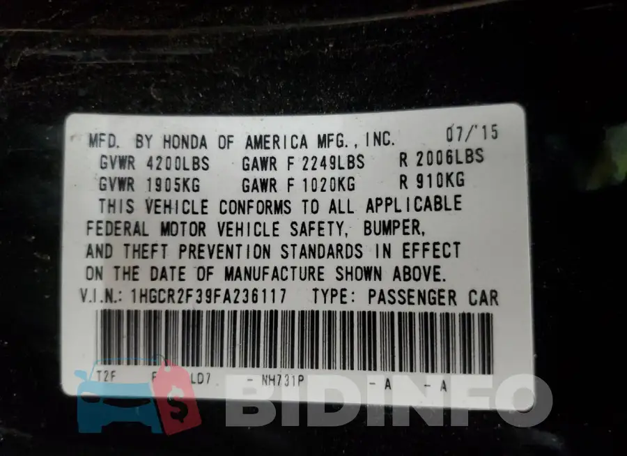 1HGCR2F39FA236117 Photo# 12