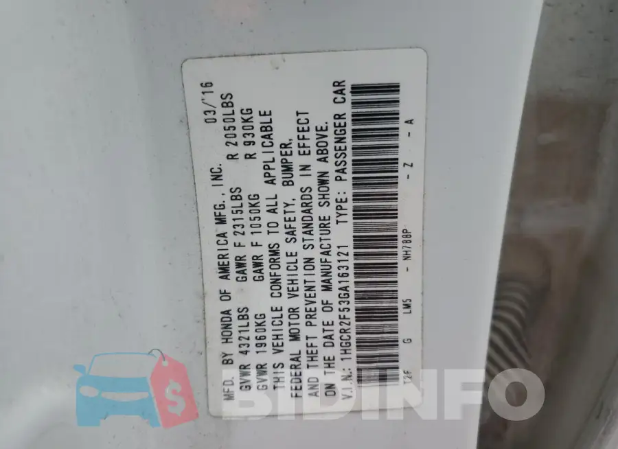 1HGCR2F53GA163121 Photo# 12