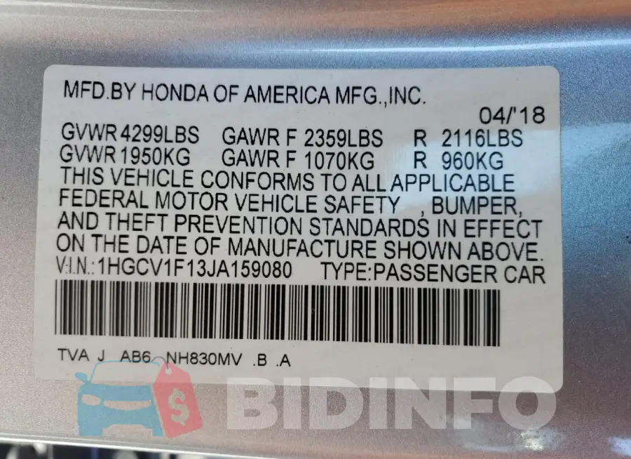 1HGCV1F13JA159080 Photo# 12