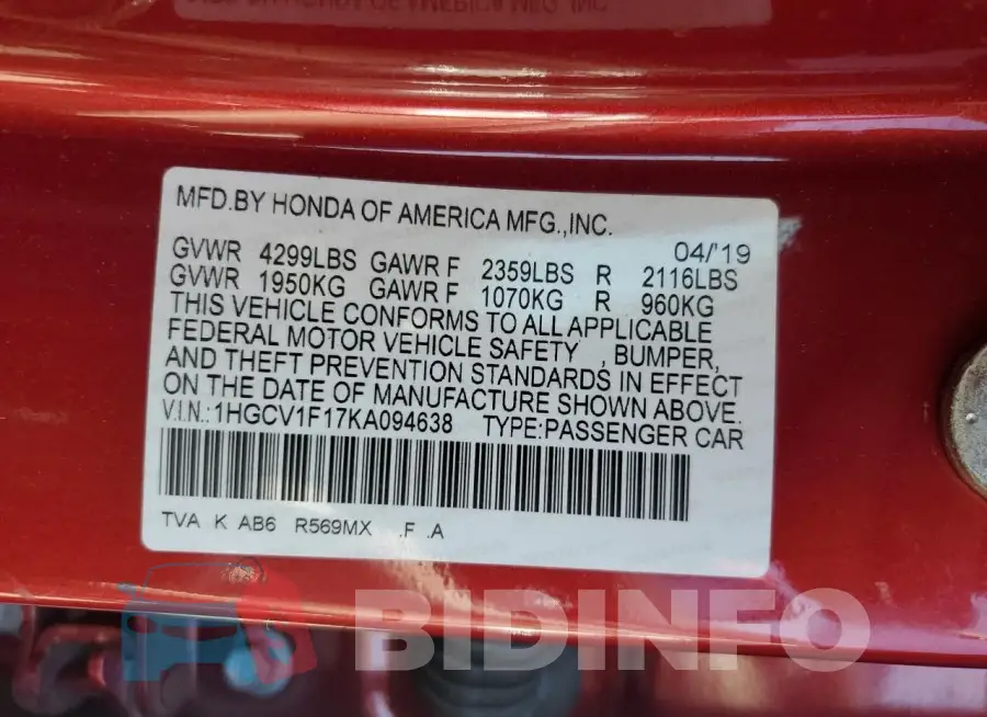 1HGCV1F17KA094638 Photo# 12