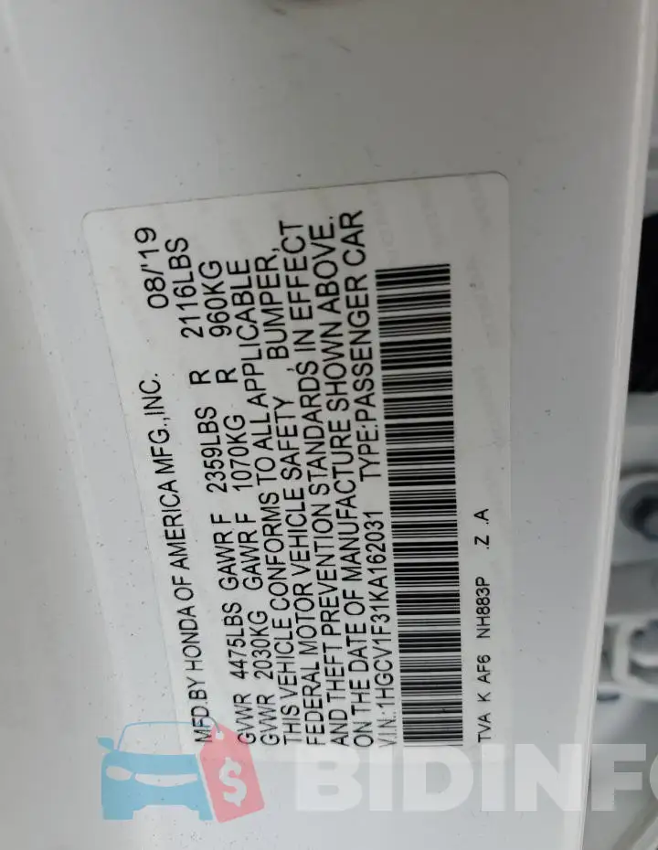 1HGCV1F31KA162031 Photo# 12